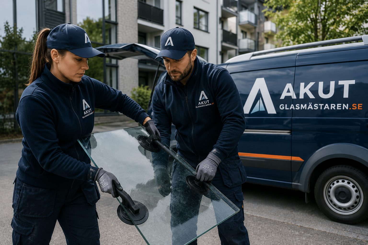 Två glasmästare hanterar en glasskiva med vakuumlyftare