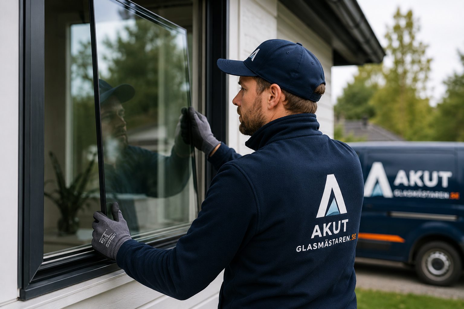 Glasmästare monterar ett nytt fönsterglas i en villa
