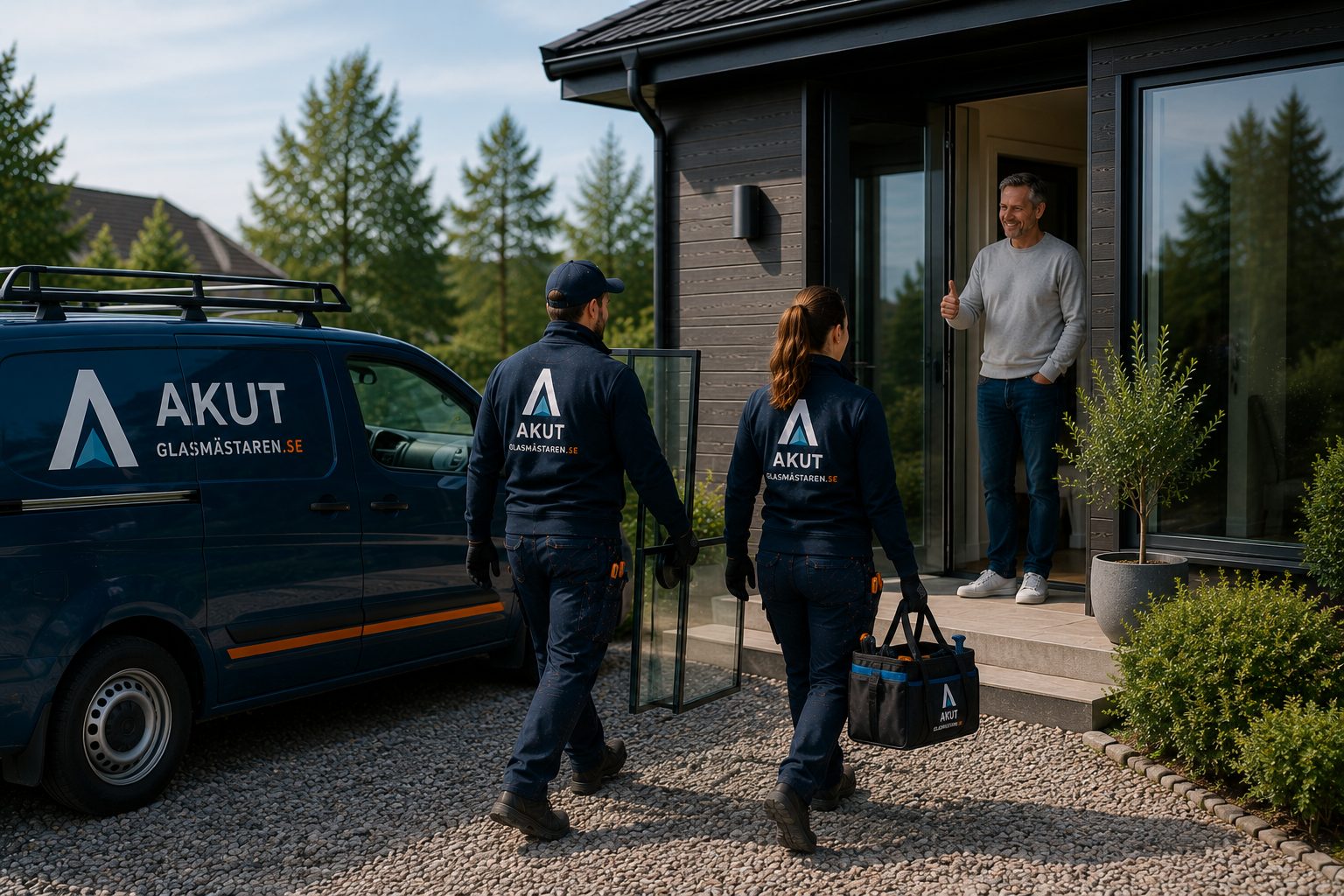 Två glasmästare går mot en villa med glas och verktyg