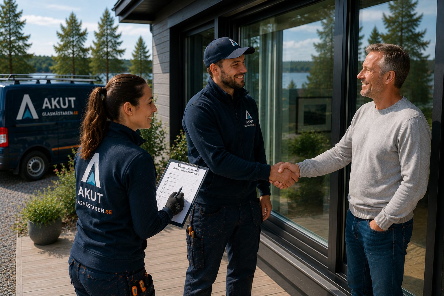 Glasmästare överlämnar ett färdigt arbete till en nöjd kund