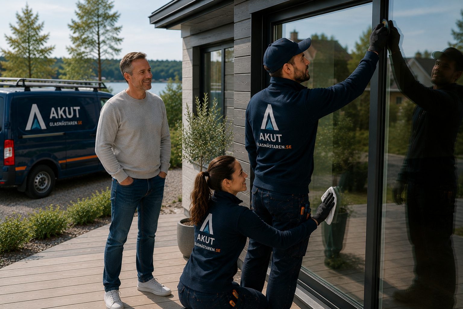 Glasmästare genomför slutkontroll av ett glasparti