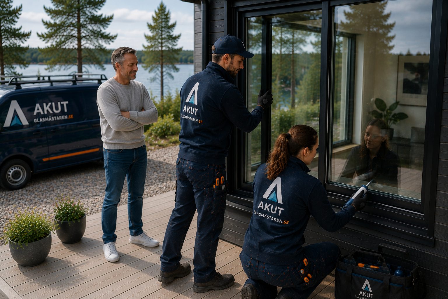 Glasmästare tätar och justerar ett fönster