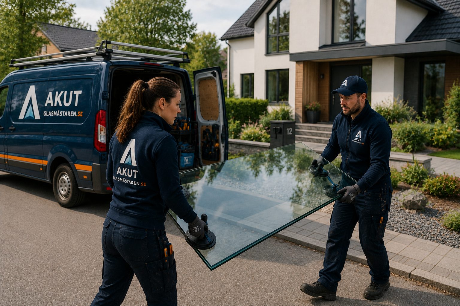 Två glasmästare transporterar en glasskiva från servicebilen