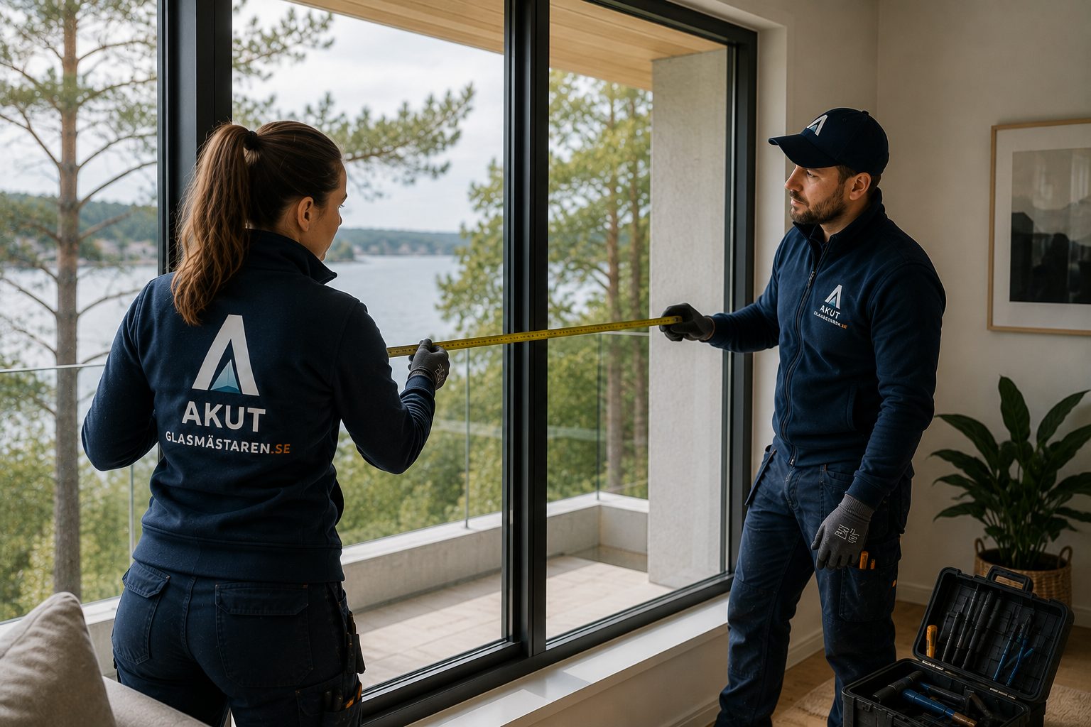 Två glasmästare mäter ett stort glasparti